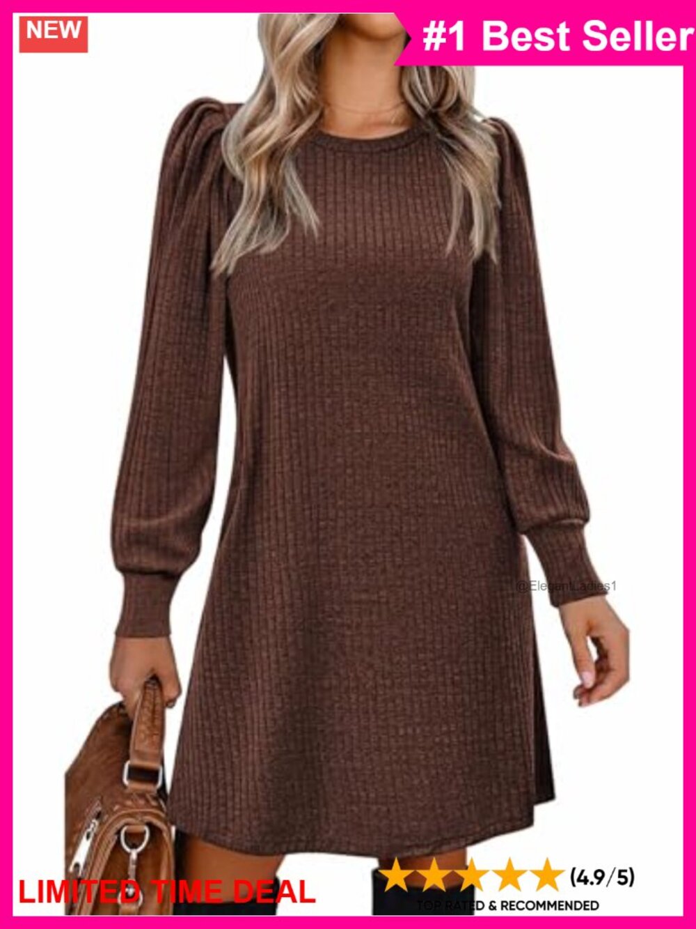 Women Knit Puff Sleeve Tunic Dress A-Line Pullover Sweater Dress